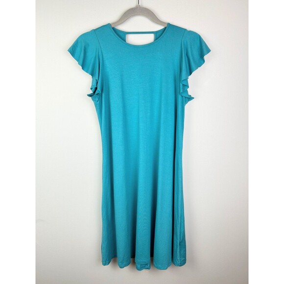 Three Dots Flutter Sleeve Jersey Easy Flounce T Shirt Dress Teal Blue Strappy S - Picture 1 of 12